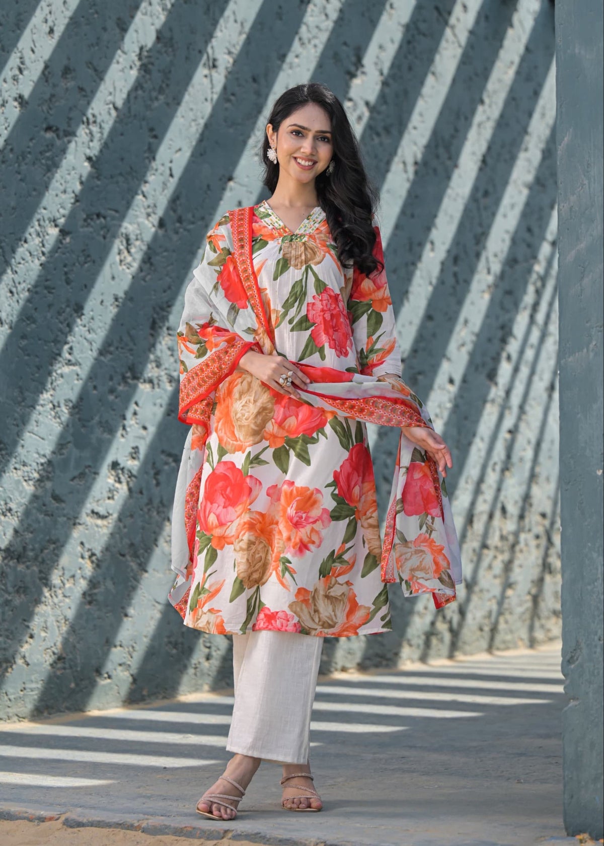 Swarnali Apricot Printed Cotton Suit Set