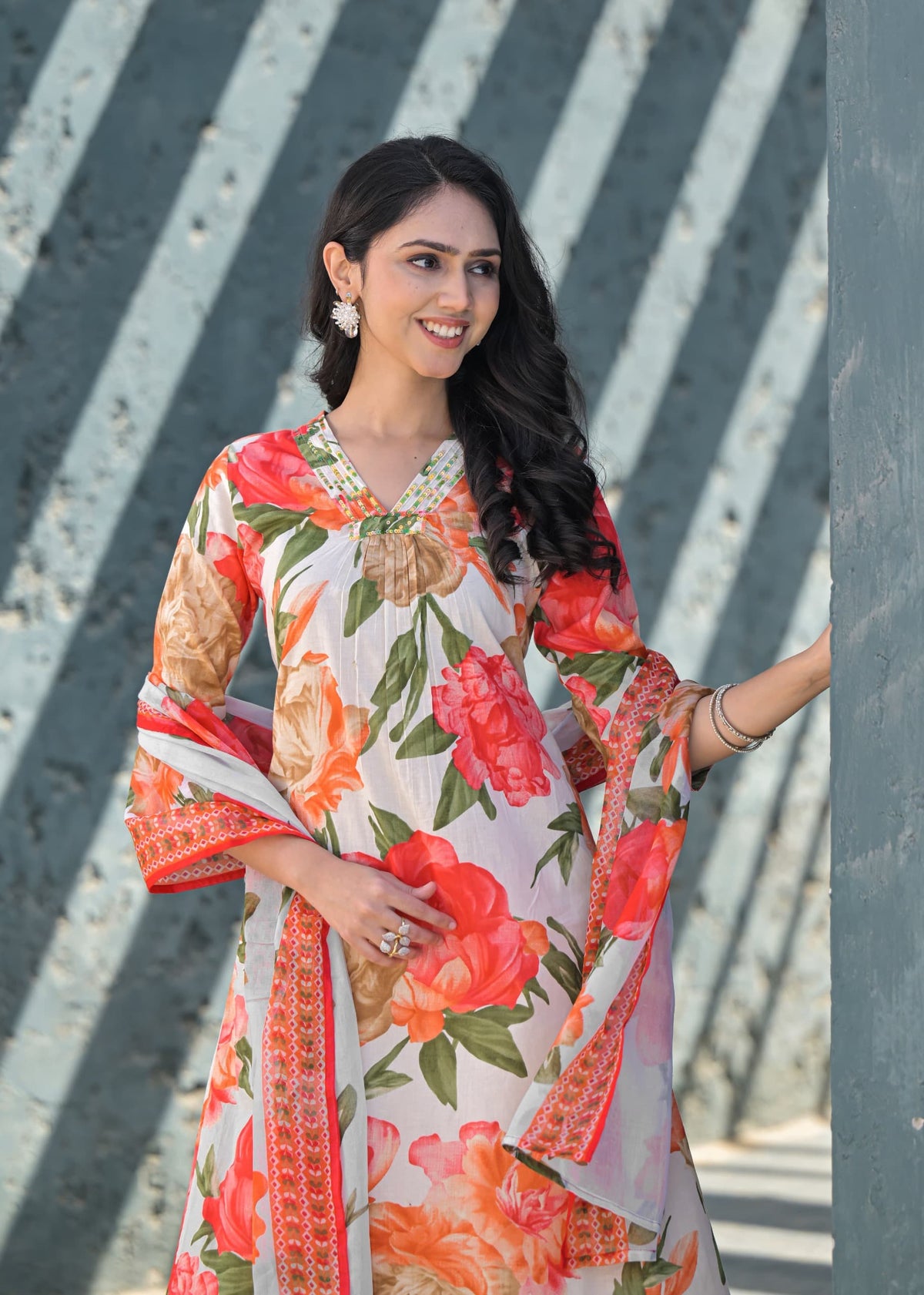 Swarnali Apricot Printed Cotton Suit Set