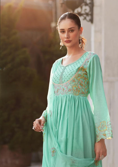 Rubina Seafoam Cotton Mul Embroidery Premium Anarkali Suit Set