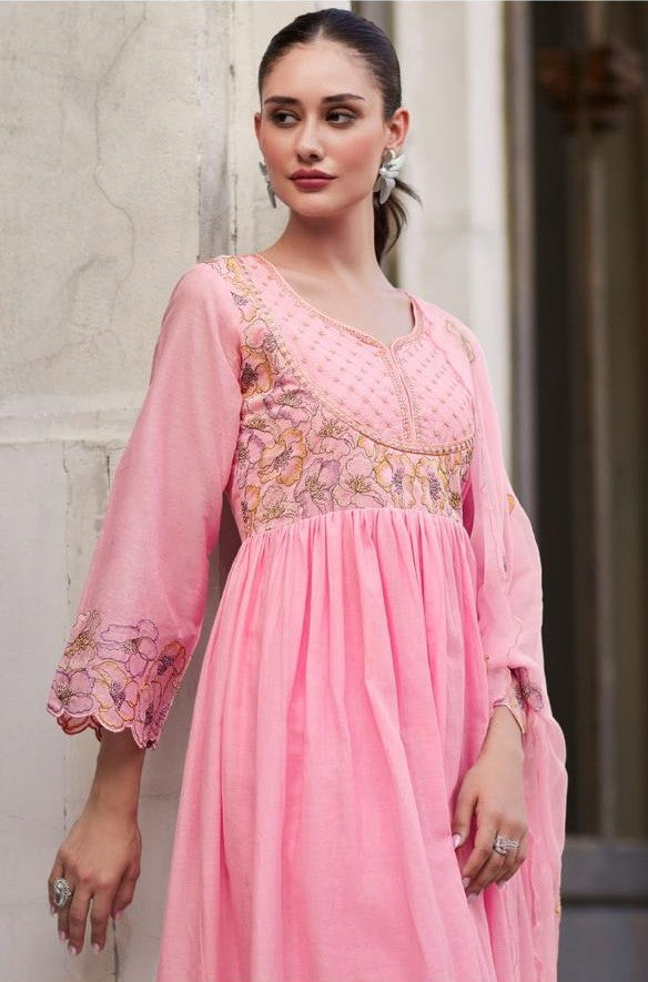 Rubina Rose Cotton Mul Embroidery Premium Anarkali Suit Set