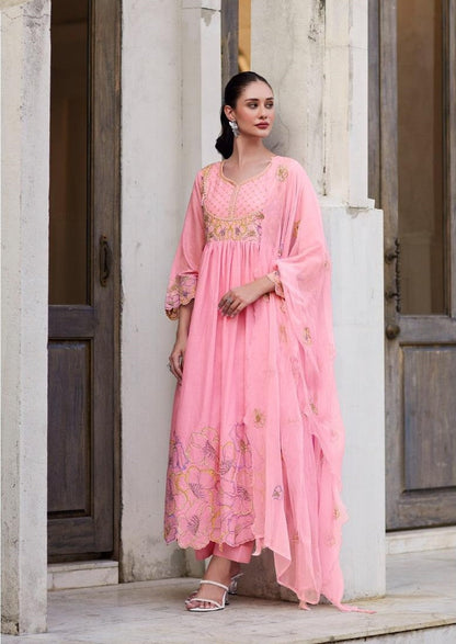 Rubina Rose Cotton Mul Embroidery Premium Anarkali Suit Set