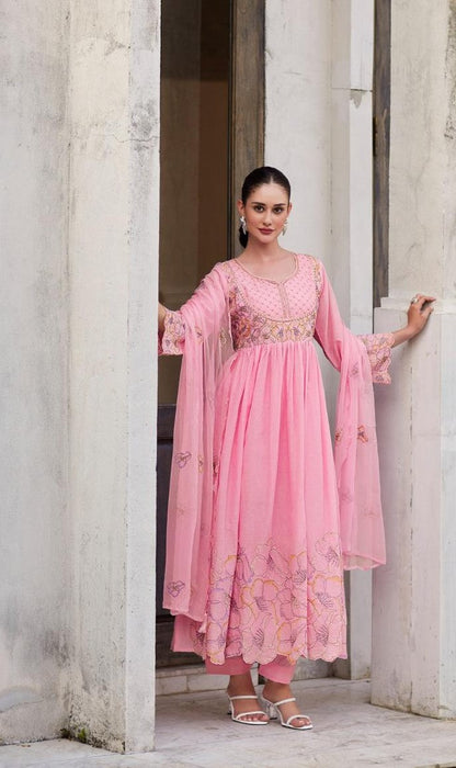 Rubina Rose Cotton Mul Embroidery Premium Anarkali Suit Set