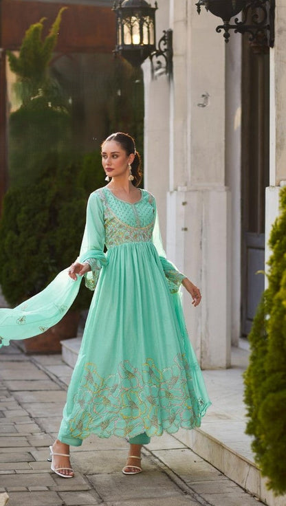 Rubina Seafoam Cotton Mul Embroidery Premium Anarkali Suit Set