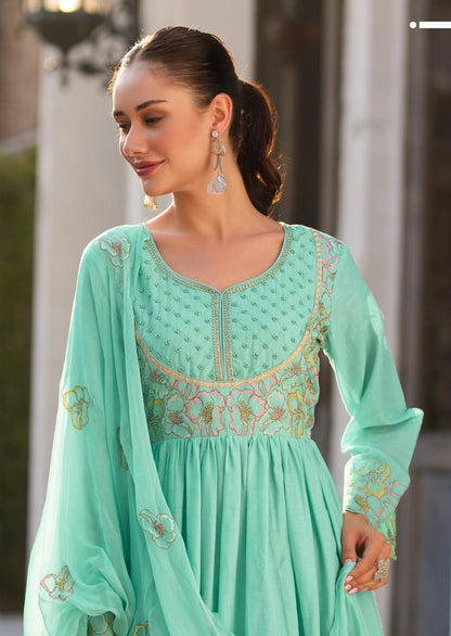 Rubina Seafoam Cotton Mul Embroidery Premium Anarkali Suit Set