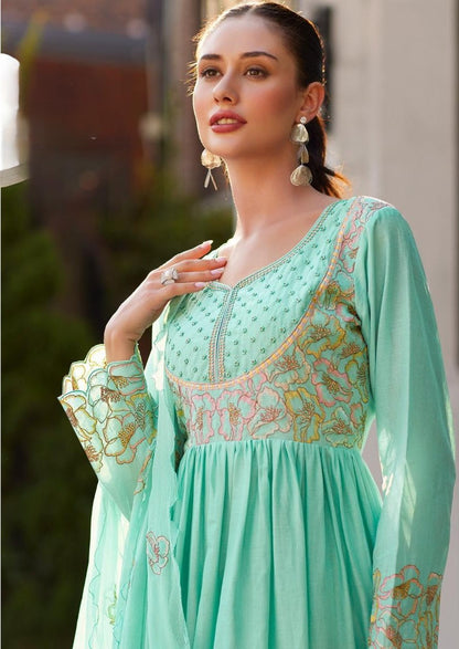 Rubina Seafoam Cotton Mul Embroidery Premium Anarkali Suit Set