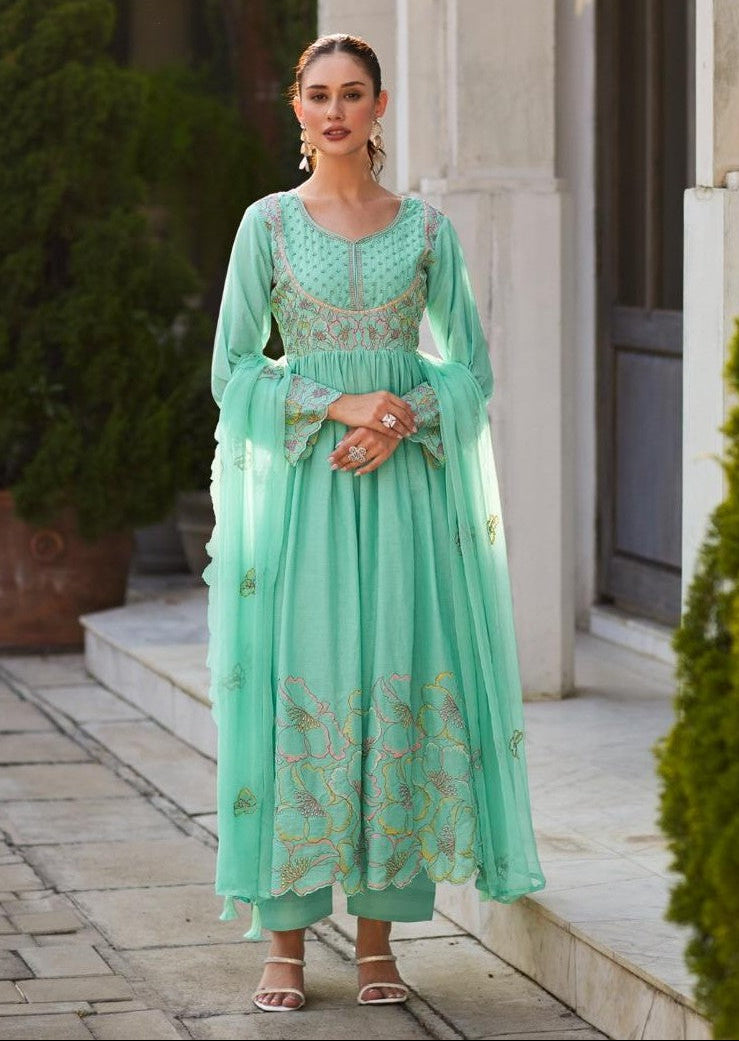 Rubina Seafoam Cotton Mul Embroidery Premium Anarkali Suit Set