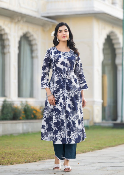Colba azure printed cotton kurta pant set