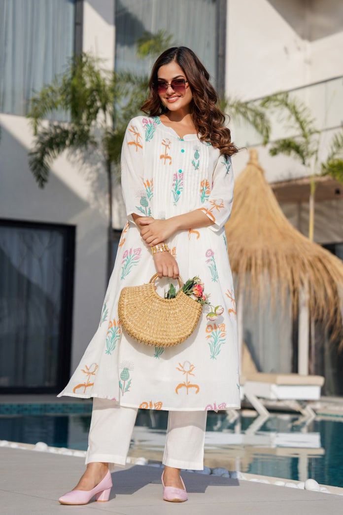 Tiara Dove Printed Cotton Kurta Pant Set