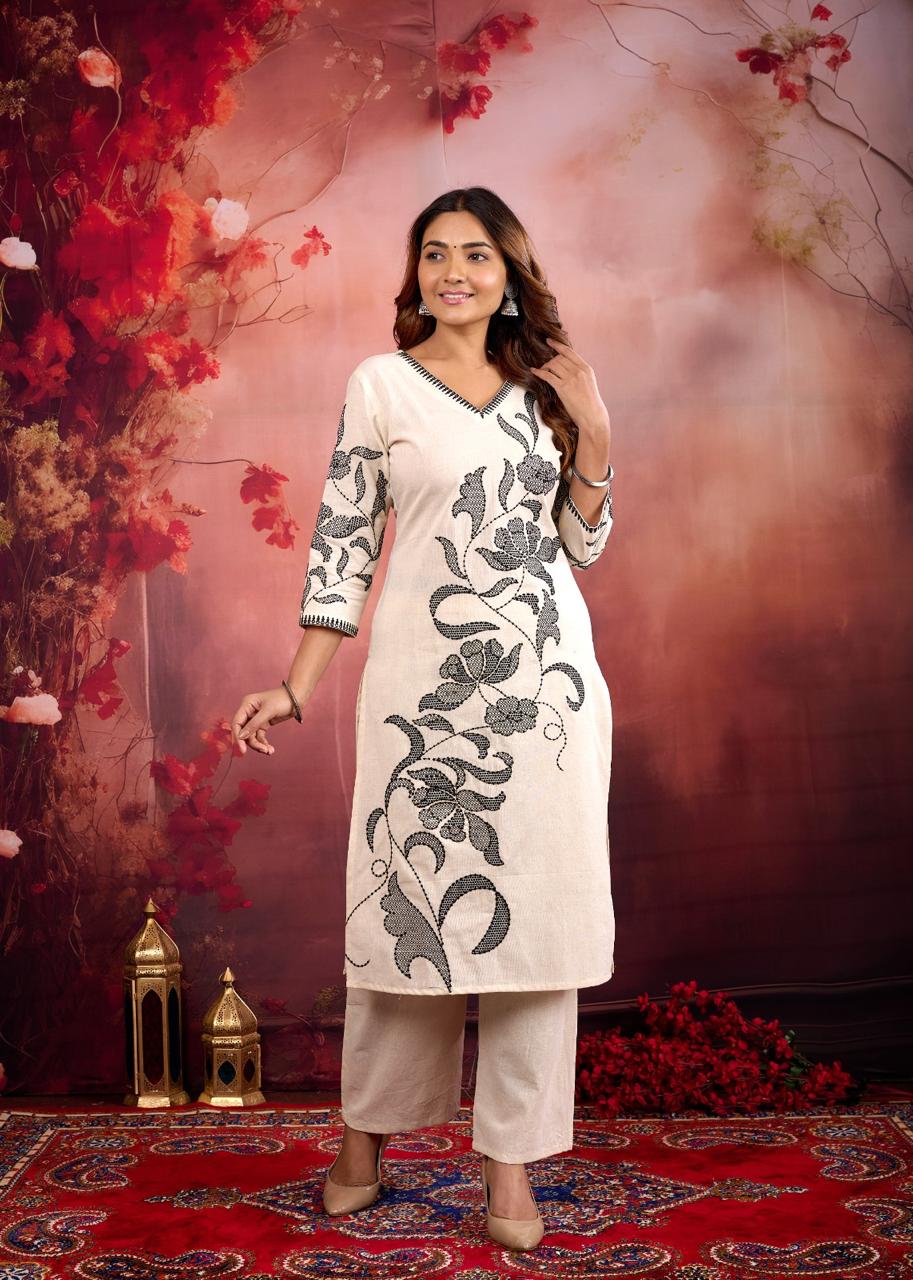 Rajhans Snowy cotton embroidery kurta pant set