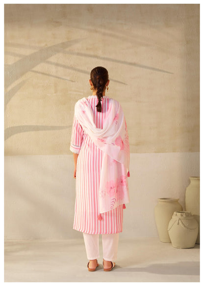 Nadira Pink&white Linen Cotton Suit set