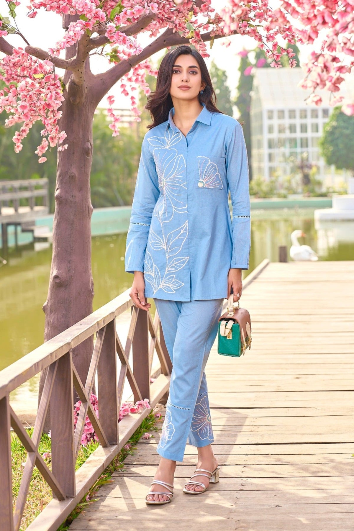 Iyana SoftBlue Embroidery Cotton Co-ord Set