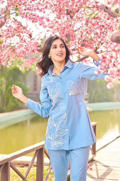 Iyana SoftBlue Embroidery Cotton Co-ord Set