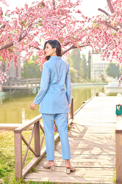 Iyana SoftBlue Embroidery Cotton Co-ord Set