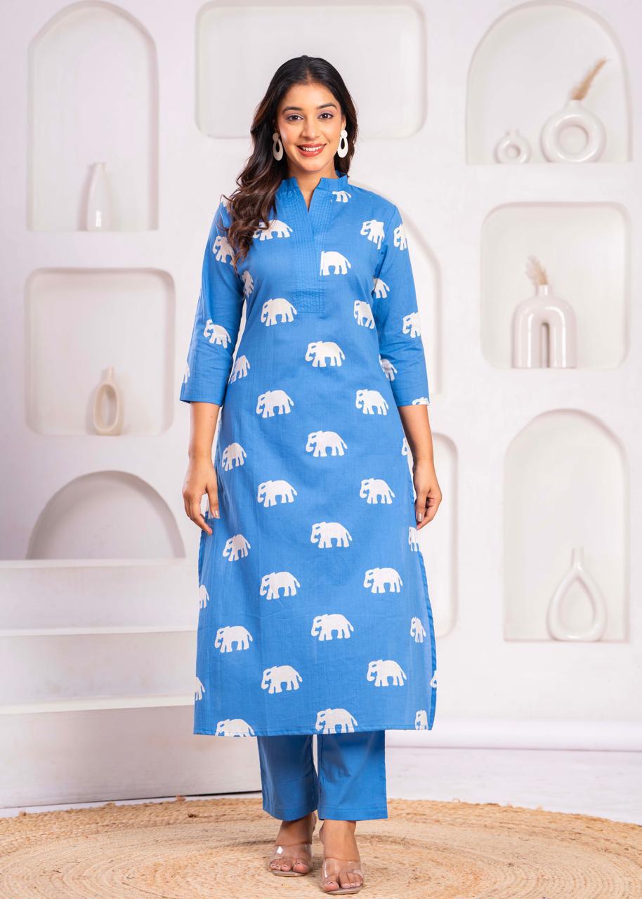 Jayti Aqua Elephant Cotton Kurta Pant Set