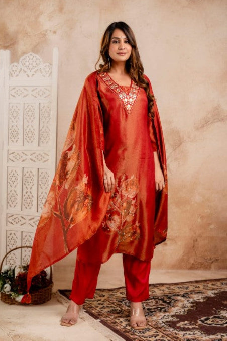 Samiha Rust Shimmer Work Suit set