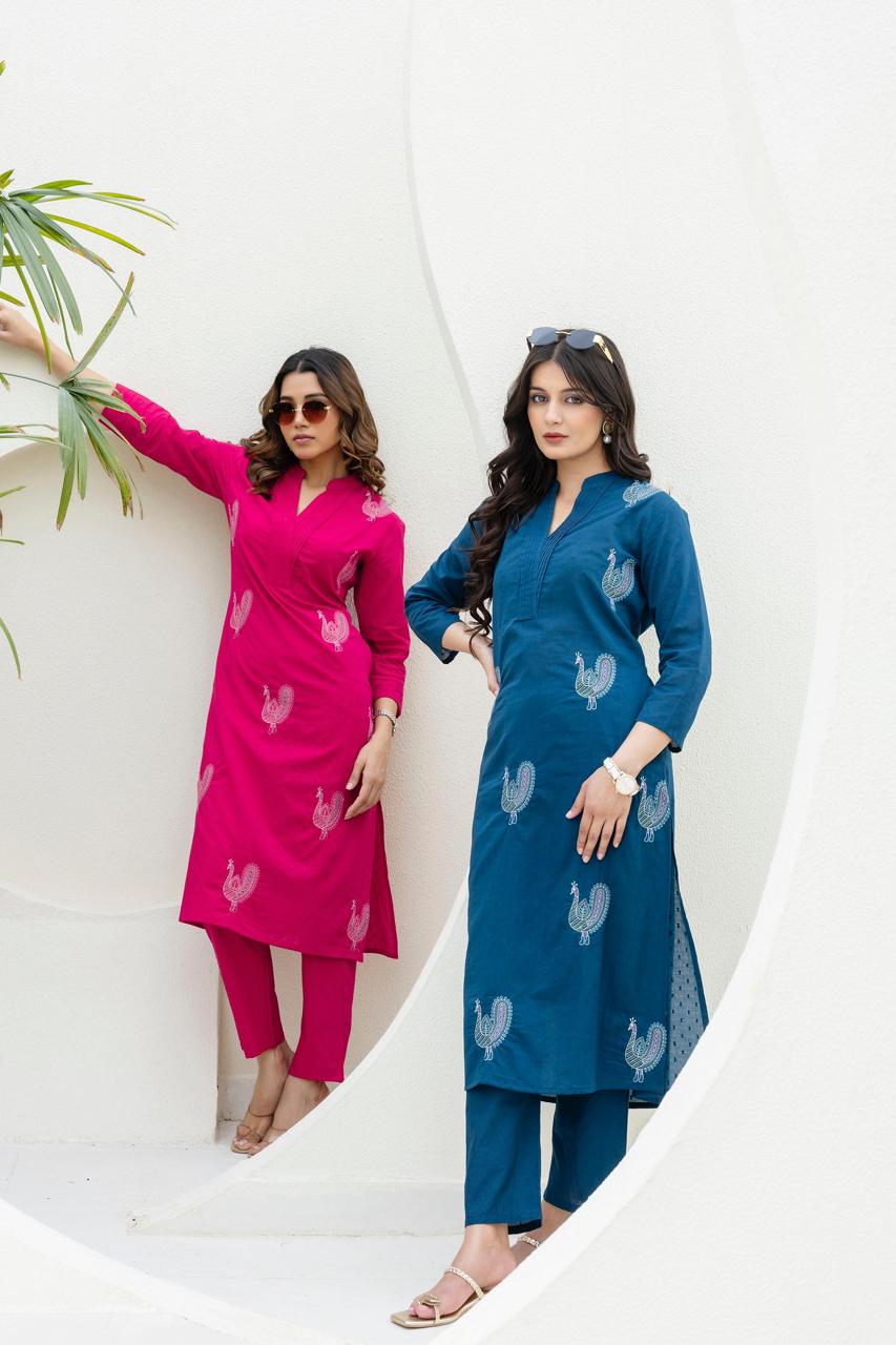Mokabara Rose Embroidery Cotton Kurta Pant Set
