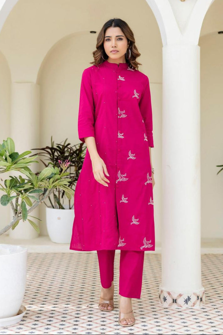 Mokabara Rose Embroidery Cotton Kurta Pant Set