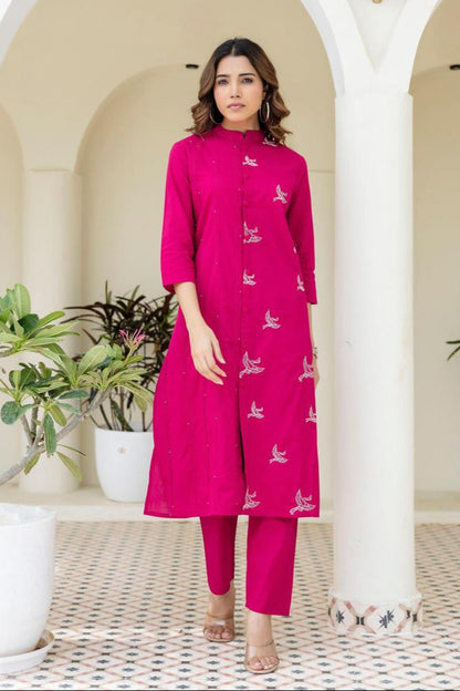Mokabara Rose Embroidery Cotton Kurta Pant Set