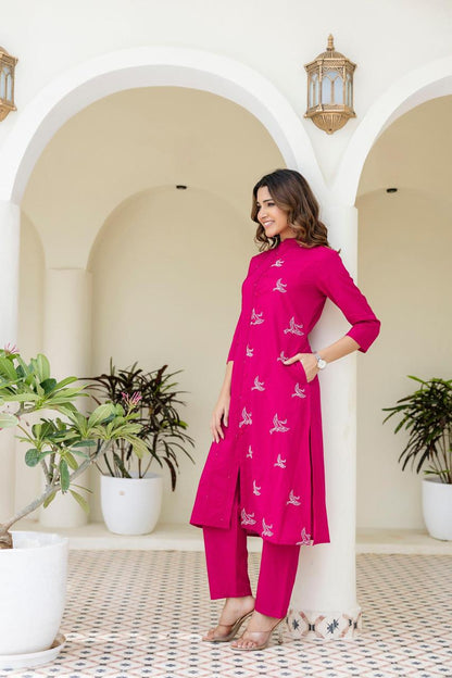 Mokabara Rose Embroidery Cotton Kurta Pant Set