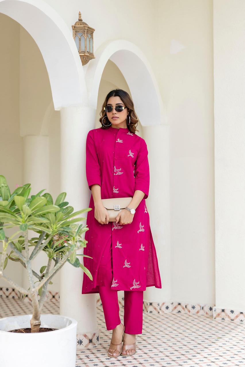 Mokabara Rose Embroidery Cotton Kurta Pant Set