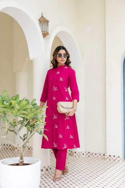 Mokabara Rose Embroidery Cotton Kurta Pant Set