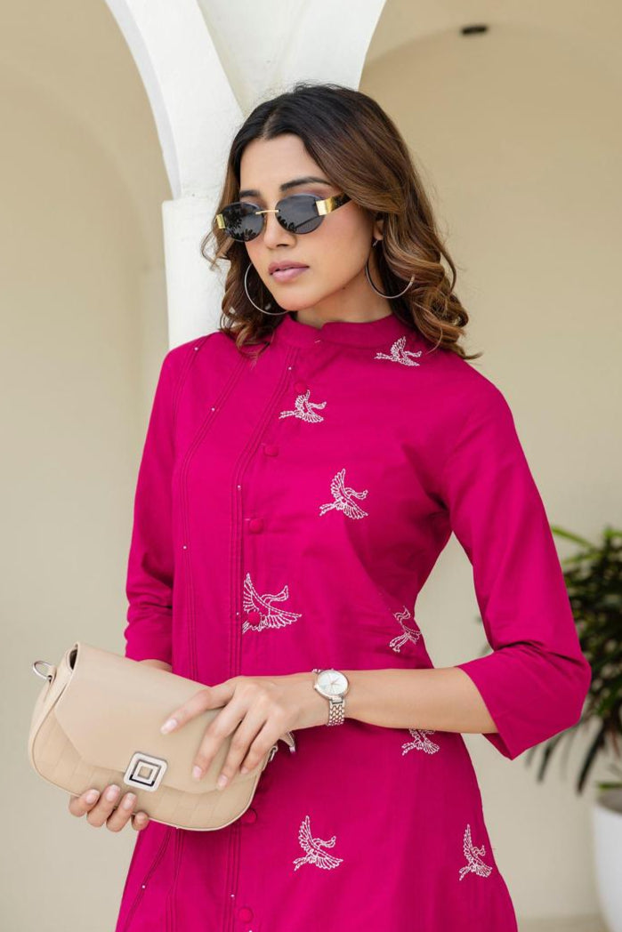 Mokabara Rose Embroidery Cotton Kurta Pant Set