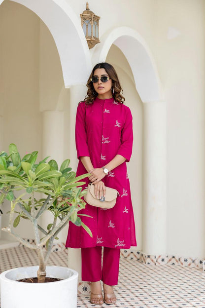 Mokabara Rose Embroidery Cotton Kurta Pant Set
