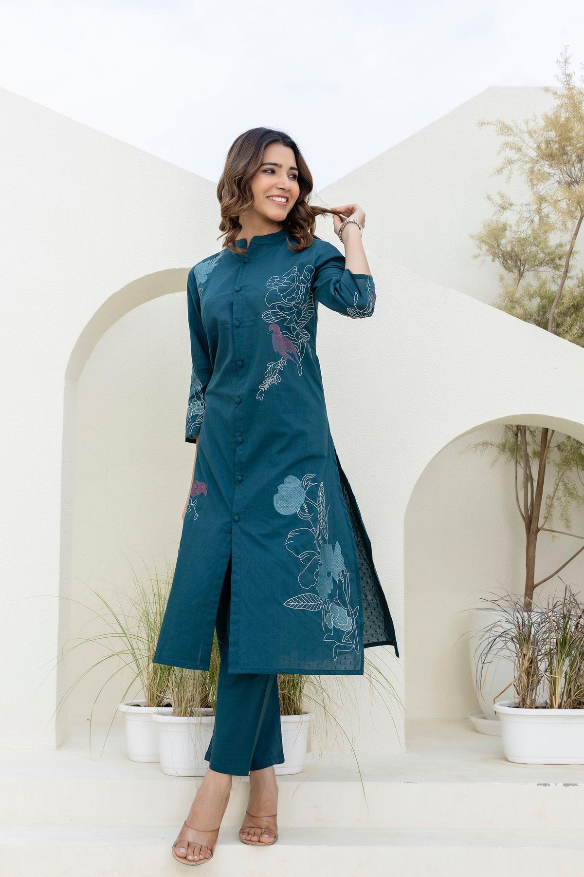 Mokabara Fern Embroidered Cotton Kurta Pant Set