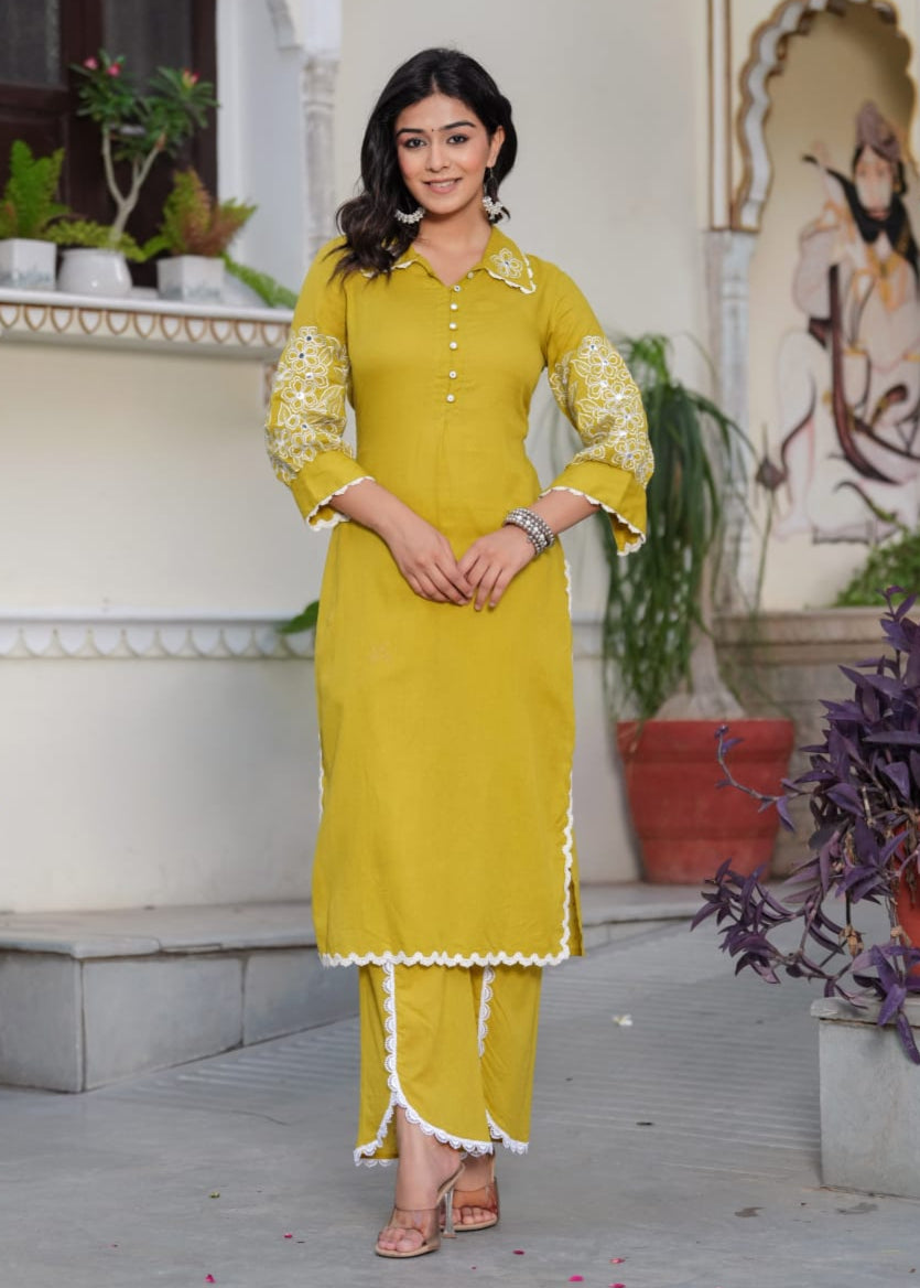 Shiba Citrine Embroidered Kurta Pant Set