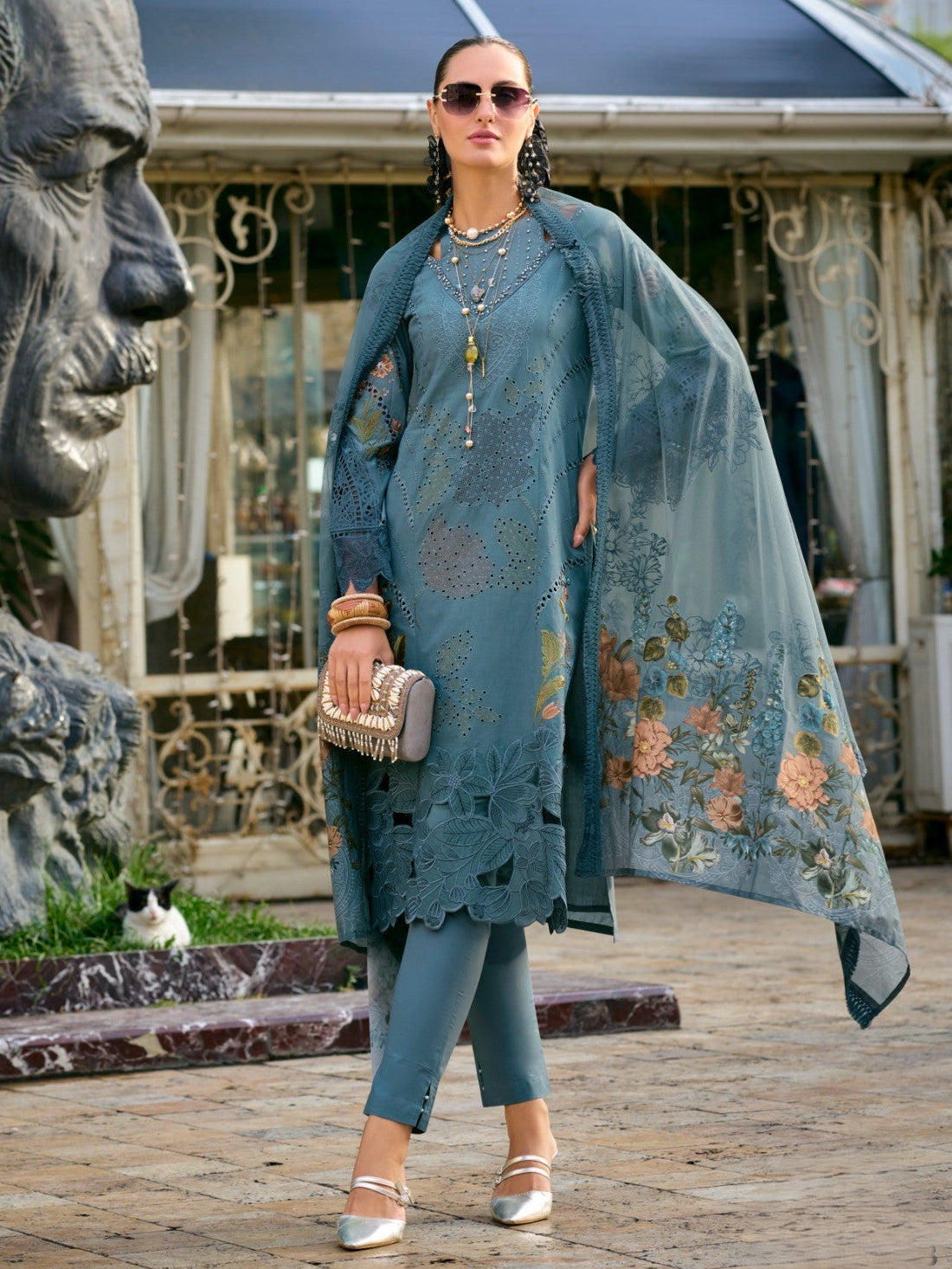 Ayat Teal Full Embroidery Cotton Suit Set