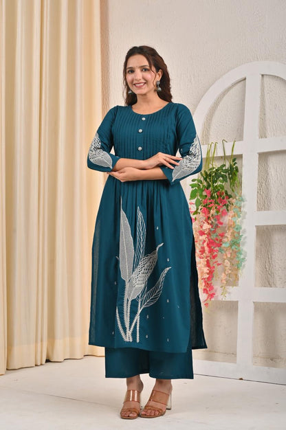 Sarvari Teal Emroidered Kurta Pant Set