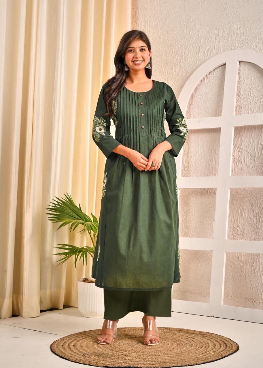 Sarvari Olive Embroidery Kurta Pant Set