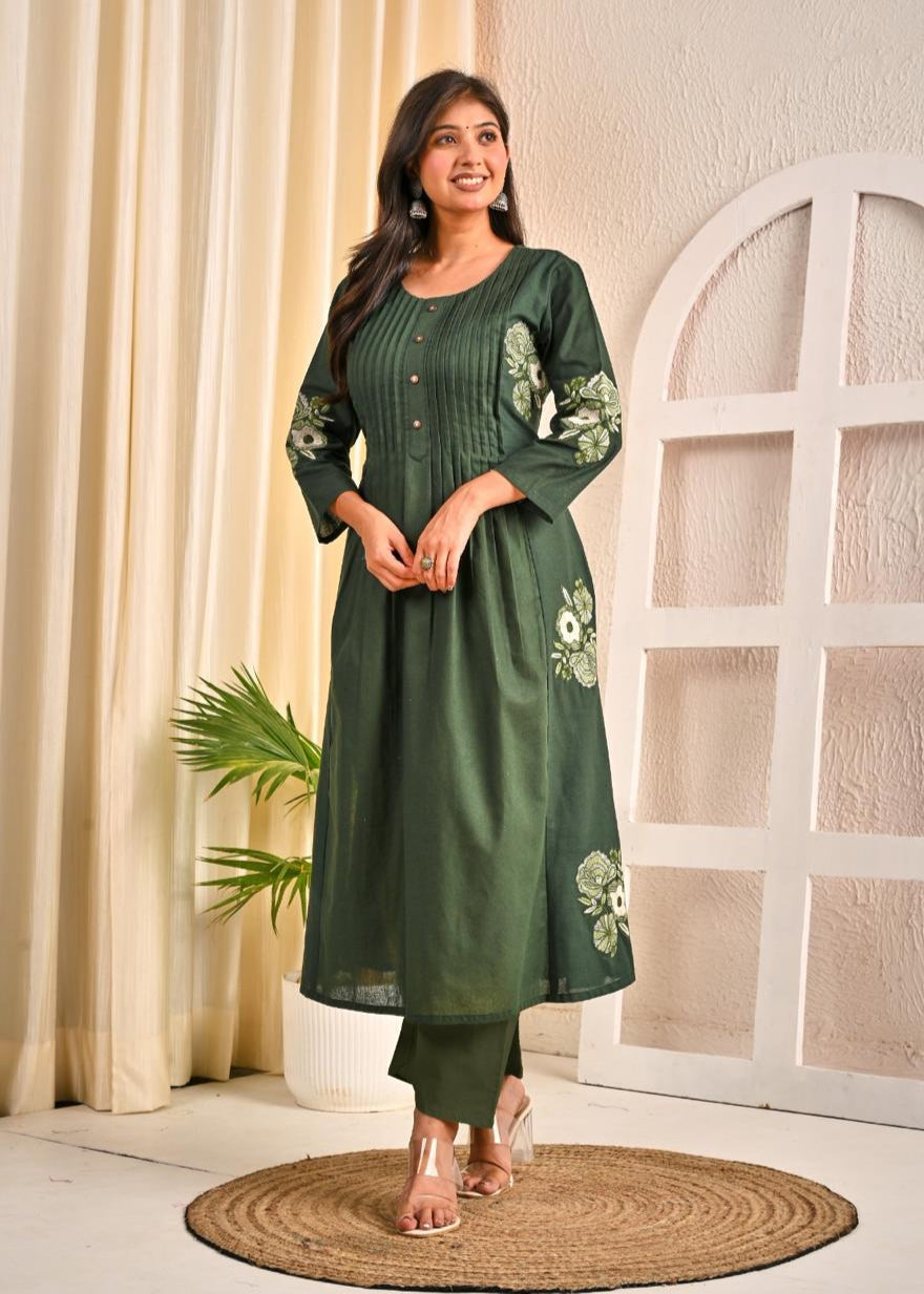 Sarvari Olive Embroidery Kurta Pant Set