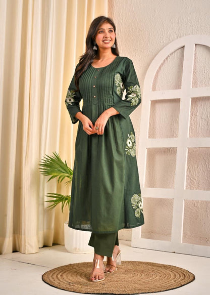 Sarvari Olive Embroidery Kurta Pant Set