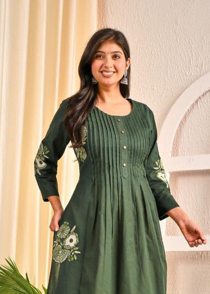 Sarvari Olive Embroidery Kurta Pant Set