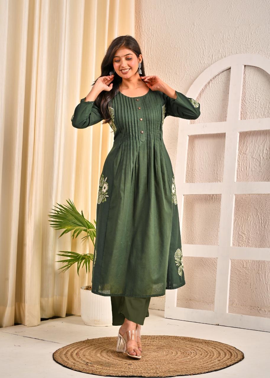 Sarvari Olive Embroidery Kurta Pant Set
