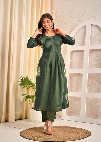 Sarvari Olive Embroidery Kurta Pant Set