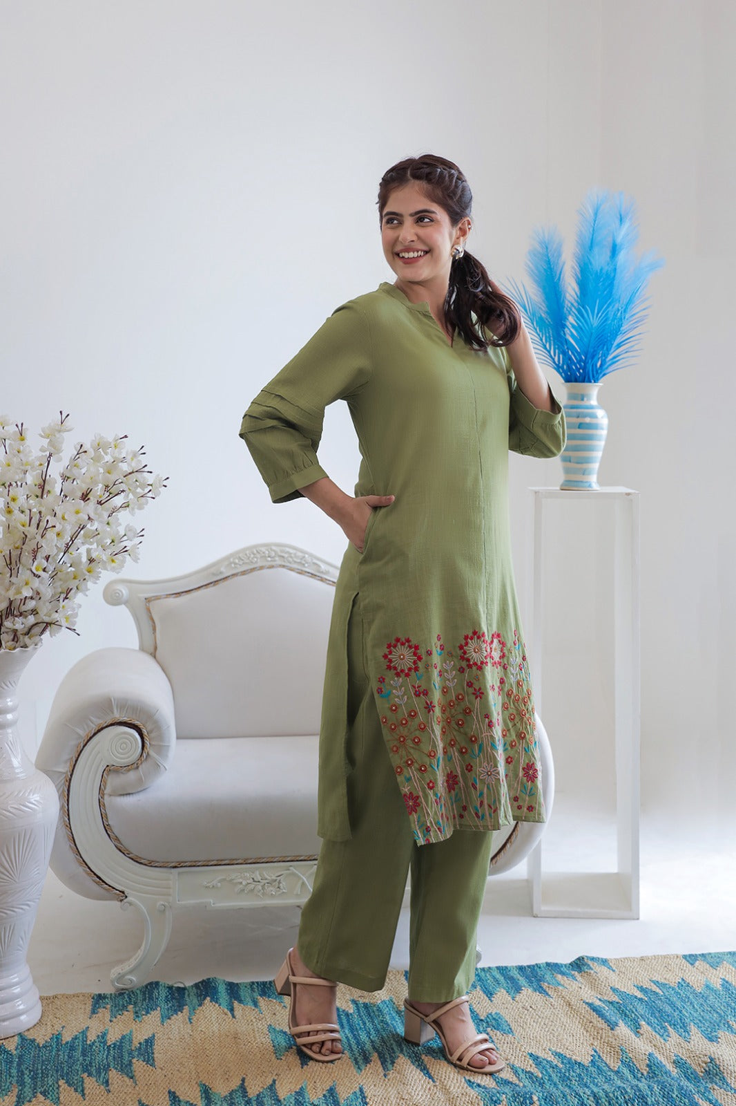 Viva forest embroidery cotton kurta pant set