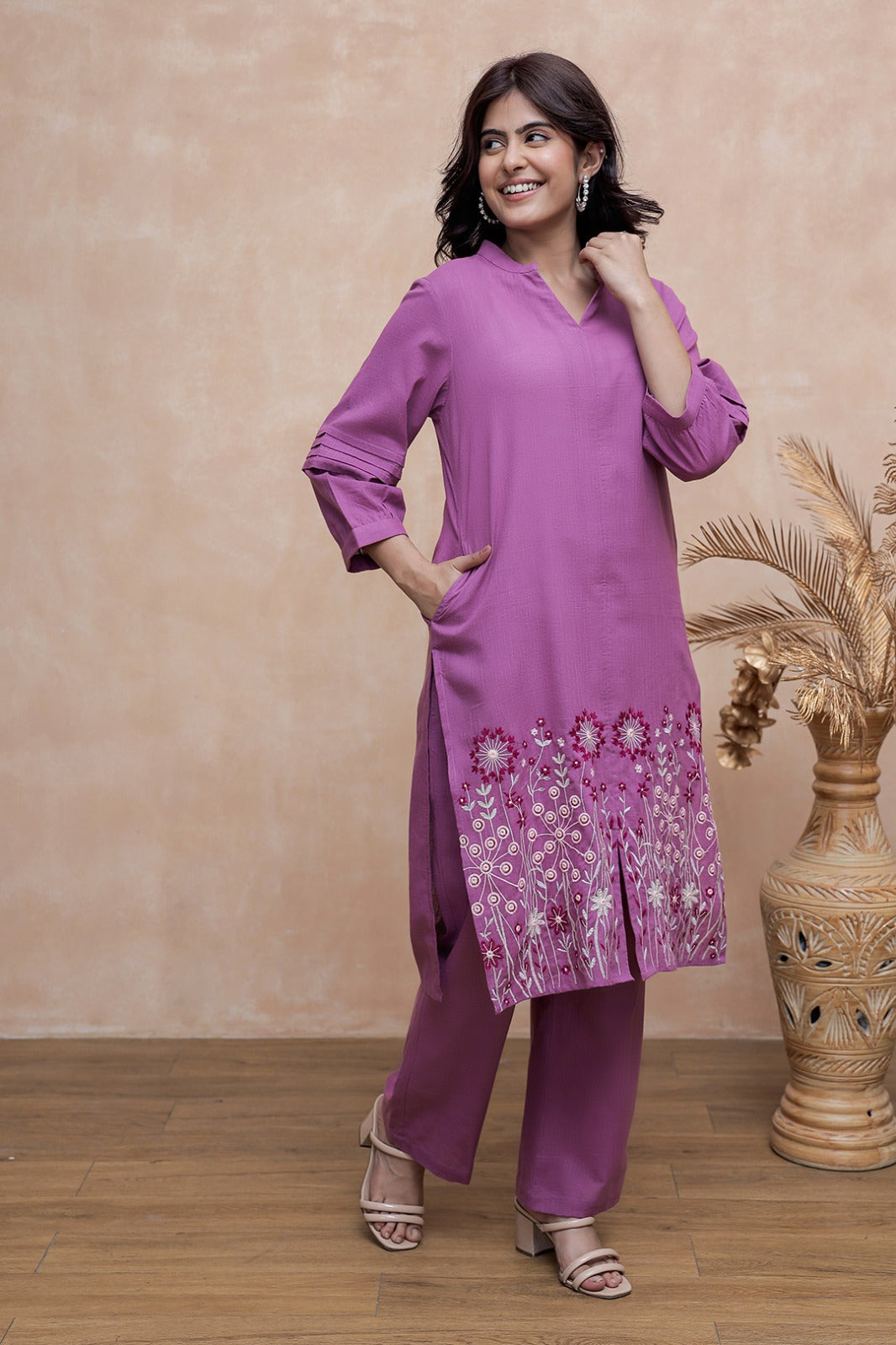 Viva Plum embroidery cotton kurta pant set