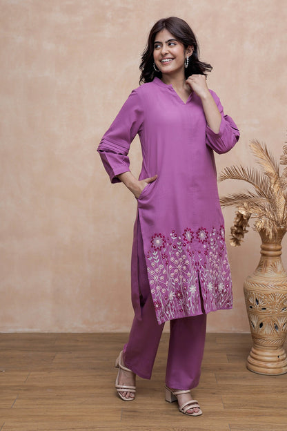 Viva Plum embroidery cotton kurta pant set