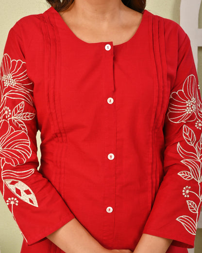 Mahua Cardinal Embroidery Cotton co-ord set