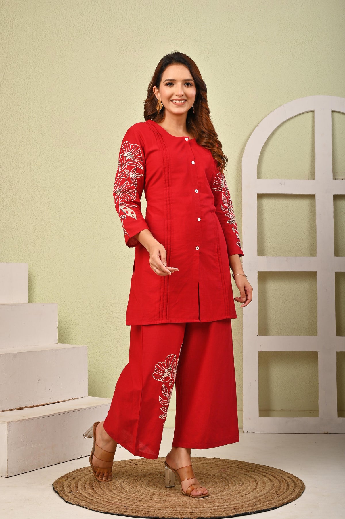 Mahua Cardinal Embroidery Cotton co-ord set