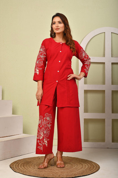 Mahua Cardinal Embroidery Cotton co-ord set