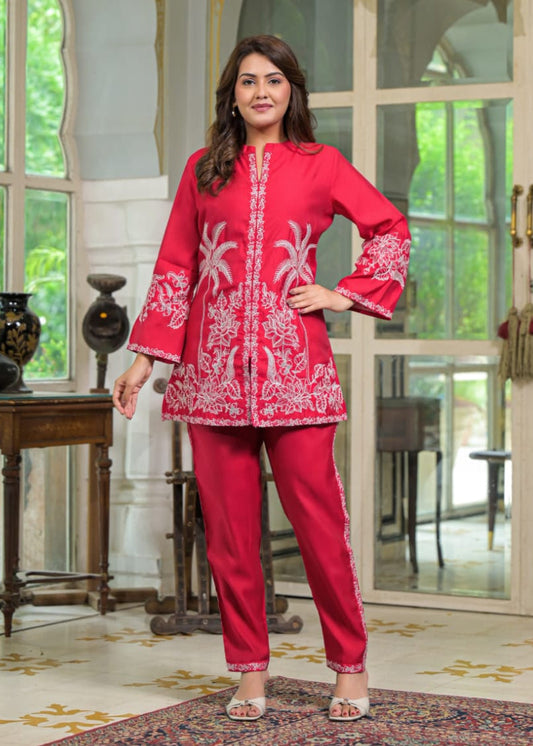 AutumnLane Sanmati scarlet Cotton embroidery Co-ord Set