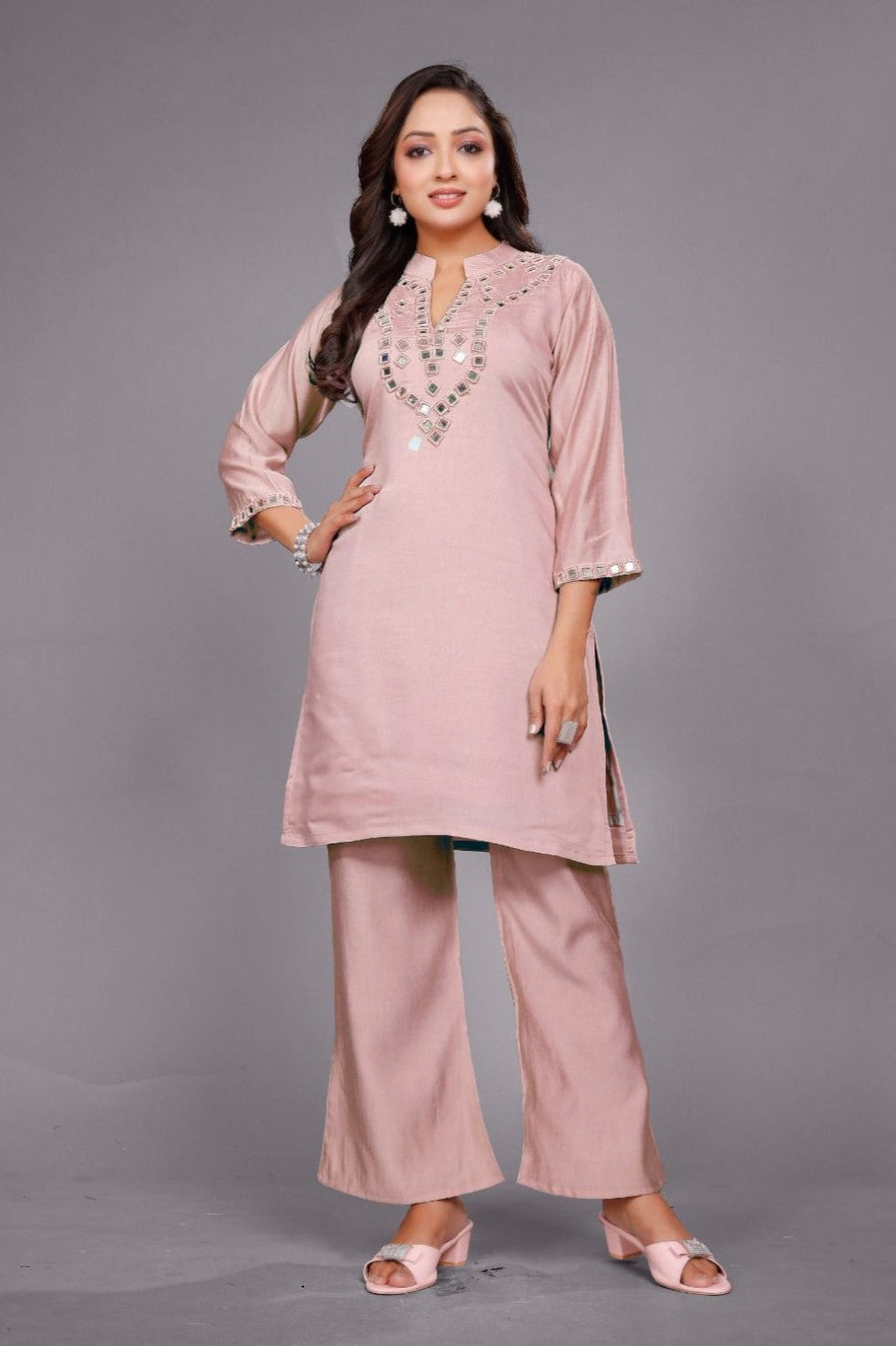 Divya salmon mirror work co-ord set