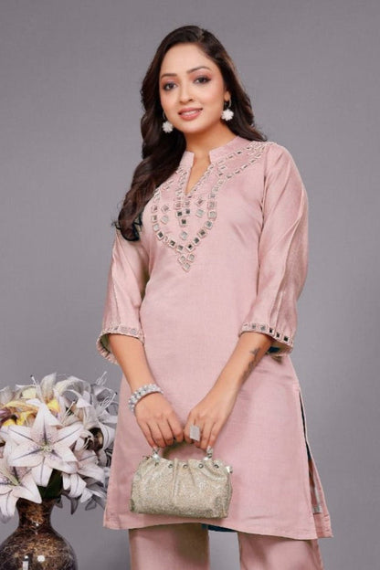 Divya salmon mirror work co-ord set