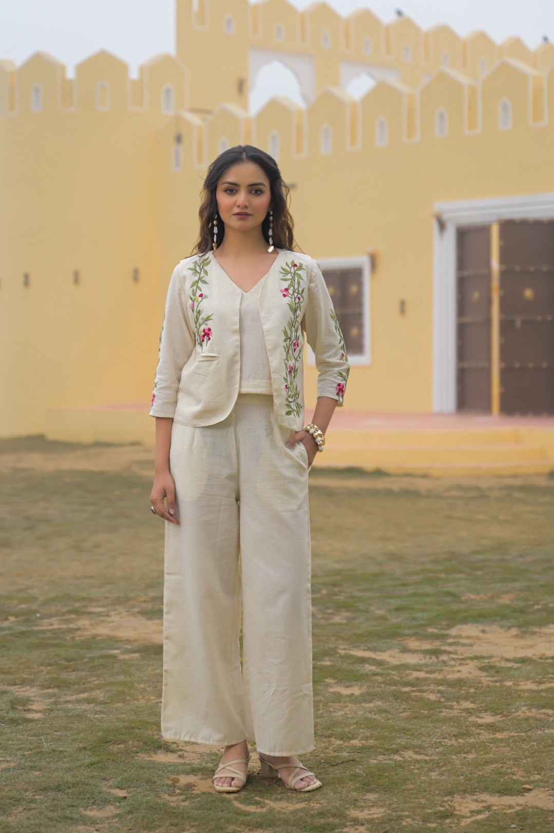 Mayri Pearl embroidery Cotton Jacket Co-ord set