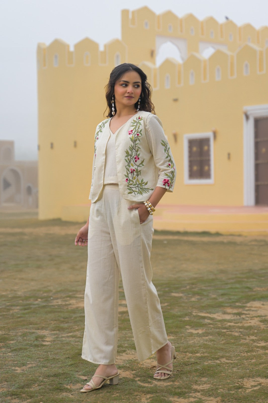 Mayri Pearl embroidery Cotton Jacket Co-ord set