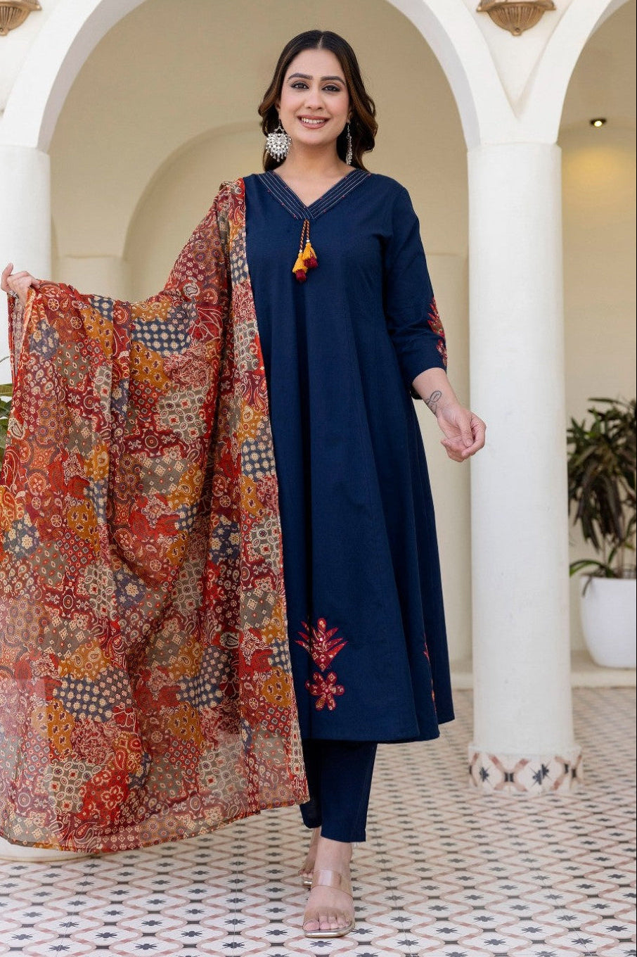 Shruti Navy Cotton Embroidered Suit Set