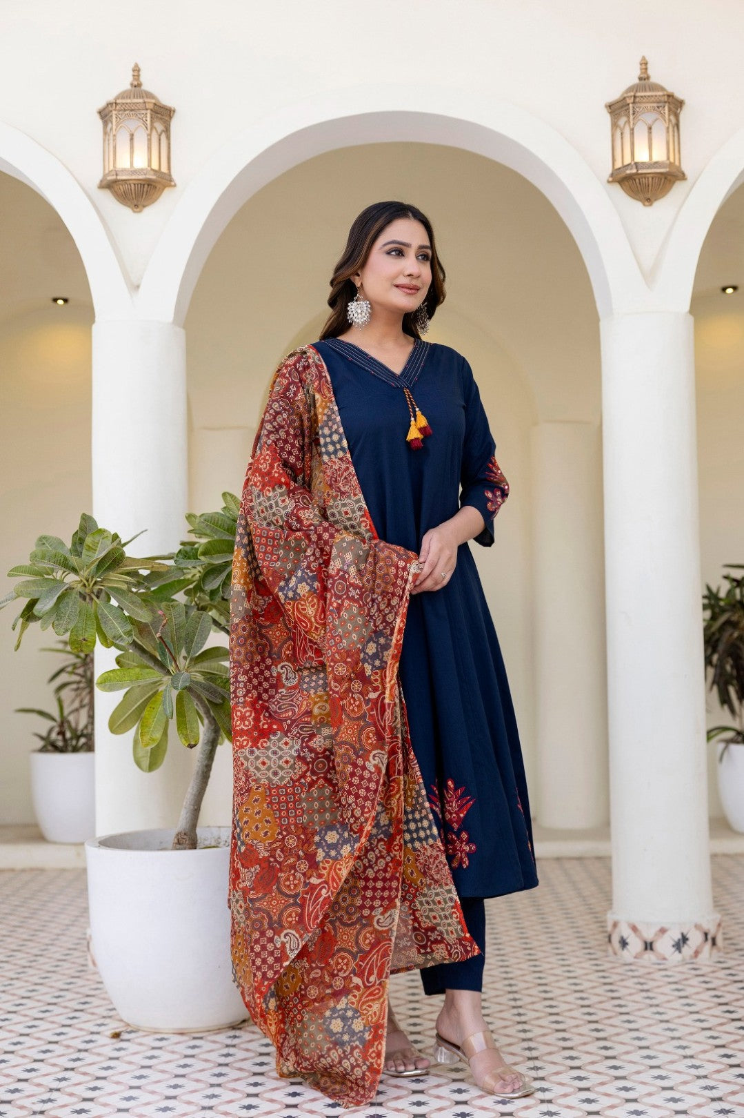Shruti Navy Cotton Embroidered Suit Set